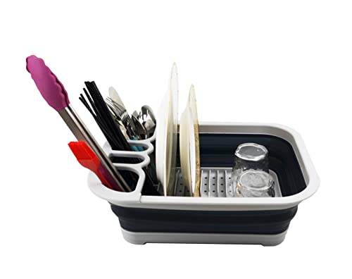 SAMMART Collapsible Plastic Dish Drainer with Drainer Board-Foldable Drying Rack Set-Portable Dinnerware Organizer-Space Saving Kitchen Storage Tray (Grey/Slate Grey)