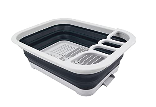 SAMMART Collapsible Plastic Dish Drainer with Drainer Board-Foldable Drying Rack Set-Portable Dinnerware Organizer-Space Saving Kitchen Storage Tray (Grey/Slate Grey)