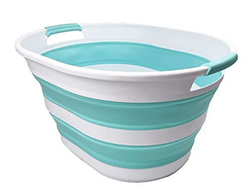 SAMMART 23L Collapsible Plastic Laundry Basket - Oval Tub/Basket - Foldable Storage Container - Portable Washing Tub - Space Saving Laundry Hamper (White/Sage Green)