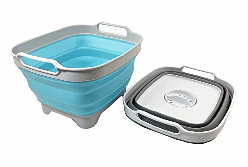 SAMMART 7.5L Collapsible Dishpan with Draining Plug - Foldable Washing Basin - Portable Dish Washing Tub - Space Saving