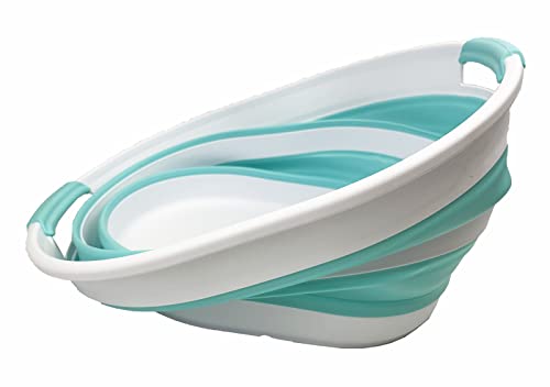 SAMMART 23L Collapsible Plastic Laundry Basket - Oval Tub/Basket - Foldable Storage Container - Portable Washing Tub - Space Saving Laundry Hamper (White/Sage Green)