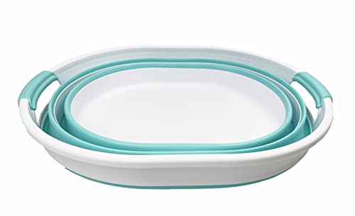 SAMMART 23L Collapsible Plastic Laundry Basket - Oval Tub/Basket - Foldable Storage Container - Portable Washing Tub - Space Saving Laundry Hamper (White/Sage Green)