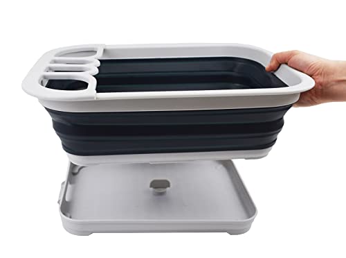 SAMMART Collapsible Plastic Dish Drainer with Drainer Board-Foldable Drying Rack Set-Portable Dinnerware Organizer-Space Saving Kitchen Storage Tray (Grey/Slate Grey)