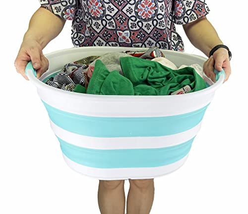 SAMMART 23L Collapsible Plastic Laundry Basket - Oval Tub/Basket - Foldable Storage Container - Portable Washing Tub - Space Saving Laundry Hamper (White/Sage Green)