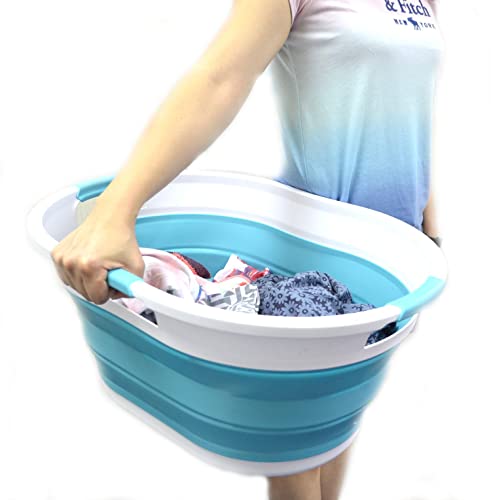 SAMMART 36L Collapsible 3 Handled Plastic Laundry Basket-Foldable Pop Up Storage Container Portable Washing Tub-Space Saving Basket/Water Capacity 27L