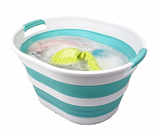 SAMMART 23L Collapsible Plastic Laundry Basket - Oval Tub/Basket - Foldable Storage Container - Portable Washing Tub - Space Saving Laundry Hamper (White/Sage Green)