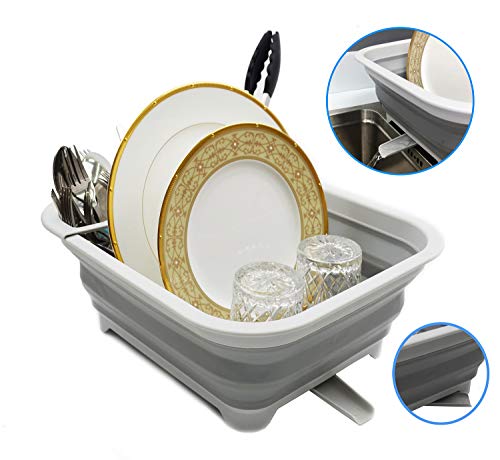 SAMMART 12L Collapsible Dish Drainer with Swivel Spout Foldable Drying Rack - Portable Dinnerware Organizer - Space Saving Kitchen Storage Tray