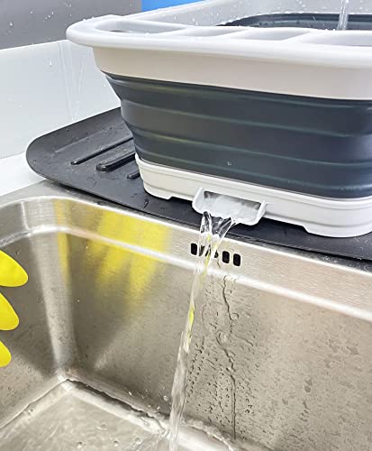 SAMMART Collapsible Plastic Dish Drainer with Drainer Board-Foldable Drying Rack Set-Portable Dinnerware Organizer-Space Saving Kitchen Storage Tray (Grey/Slate Grey)