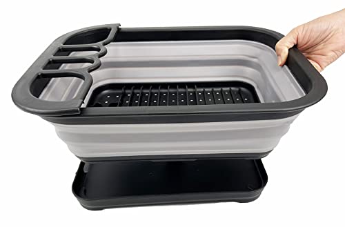 SAMMART Collapsible Plastic Dish Drainer with Drainer Board-Foldable Drying Rack Set-Portable Dinnerware Organizer-Space Saving Kitchen Storage Tray (Black/Alloy Grey)
