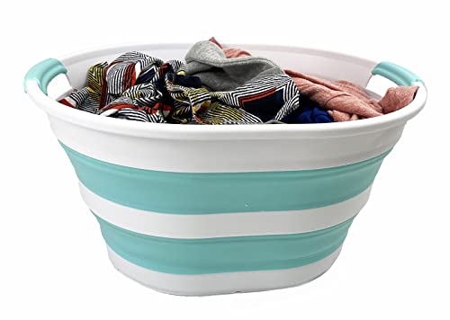SAMMART 23L Collapsible Plastic Laundry Basket - Oval Tub/Basket - Foldable Storage Container - Portable Washing Tub - Space Saving Laundry Hamper (White/Sage Green)
