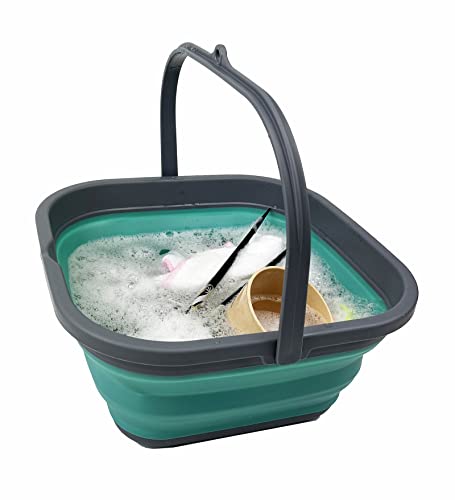 SAMMART 5.5L Collapsible Square Handy Bucket/Foldable SquareWater Pail/Portable Tub with Handle. (Grey/Turquoise Blue)