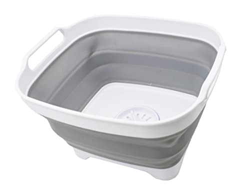 SAMMART 7.5L Collapsible Dishpan with Draining Plug - Foldable Washing Basin - Portable Dish Washing Tub - Space Saving Kitchen Storage Tray (White/Grey, 1)