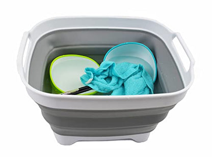 SAMMART 7.5L Collapsible Dishpan with Draining Plug - Foldable Washing Basin - Portable Dish Washing Tub - Space Saving