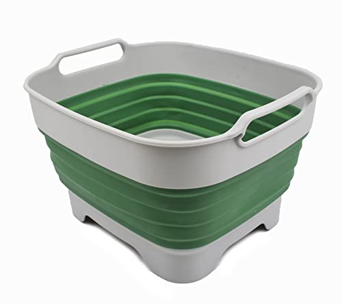 SAMMART 9L Collapsible Dishpan with Draining Plug - Foldable Washing Basin - Portable Dish Washing Tub - Space Saving Kitchen Storage Tray