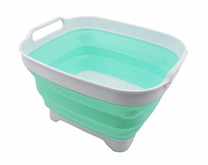 SAMMART 7.5L Collapsible Dishpan with Draining Plug - Foldable Washing Basin - Portable Dish Washing Tub - Space Saving Kitchen Storage Tray (White/Light Green, 1)