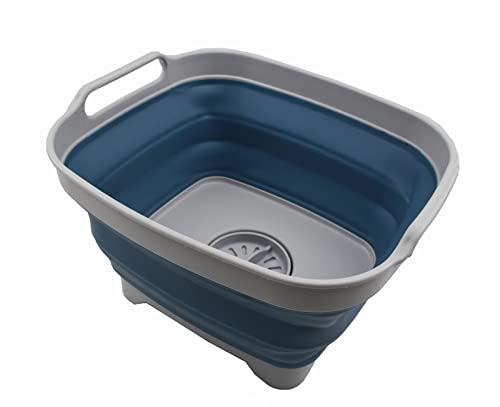 SAMMART 7.5L Collapsible Dishpan with Draining Plug - Foldable Washing Basin - Portable Dish Washing Tub - Space Saving Kitchen Storage Tray (Grey/Steel Blue, 1)