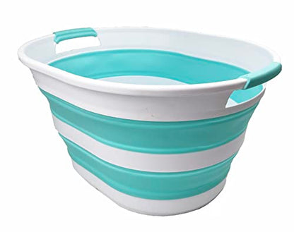 SAMMART 23L Collapsible Plastic Laundry Basket - Oval Tub/Basket - Foldable Storage Container - Portable Washing Tub - Space Saving Laundry Hamper (White/Sage Green)