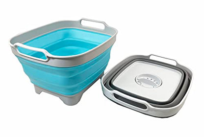 SAMMART 7.5L Collapsible Dishpan with Draining Plug - Foldable Washing Basin - Portable Dish Washing Tub - Space Saving