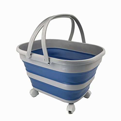 SAMMART 17L Collapsible Basket with Handle - Portable Outdoor Picnic Basket/Crater and 360˚ rotating wheels - Foldable Shopping Bag - Space Saving Storage Container
