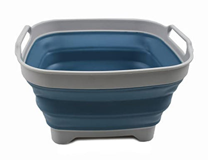 SAMMART 7.5L Collapsible Dishpan with Draining Plug - Foldable Washing Basin - Portable Dish Washing Tub - Space Saving Kitchen Storage Tray (Grey/Steel Blue, 1)