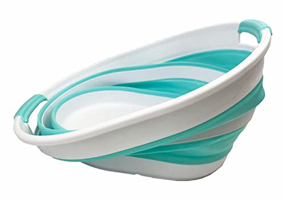SAMMART 23L Collapsible Plastic Laundry Basket - Oval Tub/Basket - Foldable Storage Container - Portable Washing Tub - Space Saving Laundry Hamper (White/Sage Green)