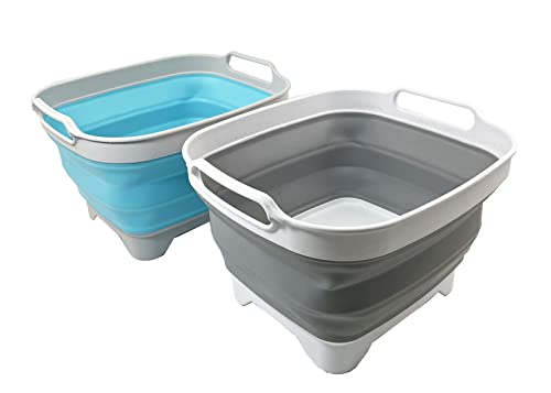 SAMMART 7.5L Collapsible Dishpan with Draining Plug - Foldable Washing Basin - Portable Dish Washing Tub - Space Saving