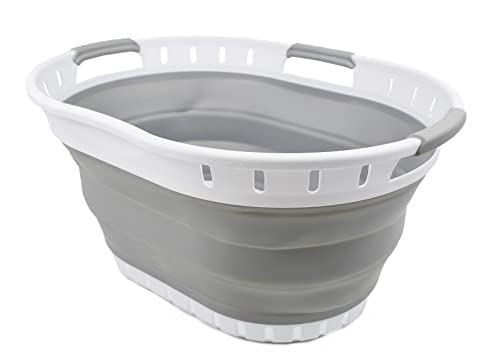 SAMMART Collapsible Laundry Basket (25L Collapsible Laundry Basket with Holes (White/Grey))