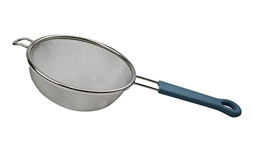 SAMMART Stainless Steel Mesh Strainer/Colander with Steel Blue Silicone Handle - Round Sieve with Wider Hoop