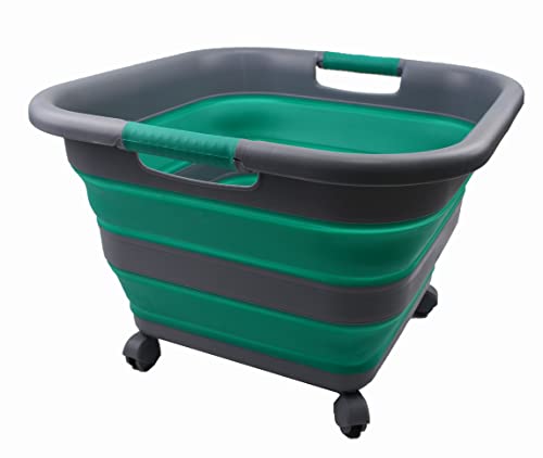 SAMMART 39L Collapsible Plastic Laundry Basket with Wheels - Foldable Pop Up Storage Container/Organizer with wheels - Portable Washing Tub - Space Saving Storage Box/Basket with wheels