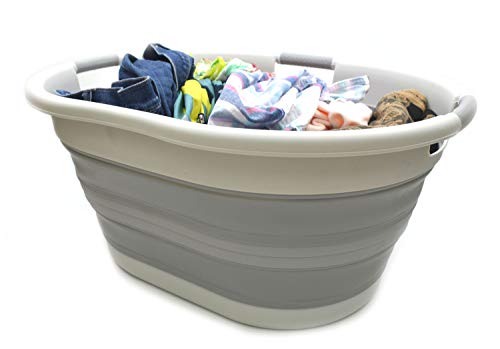 SAMMART 57L Collapsible 3-Handled Plastic Laundry Basket - Oval Tub/Basket - Foldable Storage Container/Organizer - Portable Washing Tub - Space Saving Laundry Hamper