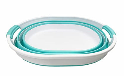 SAMMART 23L Collapsible Plastic Laundry Basket - Oval Tub/Basket - Foldable Storage Container - Portable Washing Tub - Space Saving Laundry Hamper (White/Sage Green)