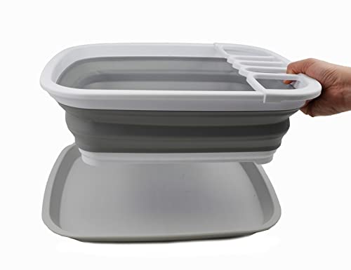 SAMMART 2pcs Set of 7.7L Collapsible Plastic Tub & 8L Collapsible Dish Drainer with Drainer Board-Foldable Drying Rack Set-Portable Organizer-Space Saving
