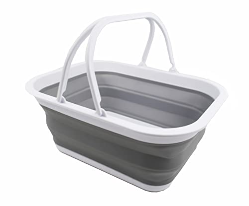SAMMART Collapsible Basket with Handle (15L Collapsible Basket with Handle (White/Grey))