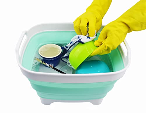 SAMMART 7.5L Collapsible Dishpan with Draining Plug - Foldable Washing Basin - Portable Dish Washing Tub - Space Saving Kitchen Storage Tray (White/Light Green, 1)