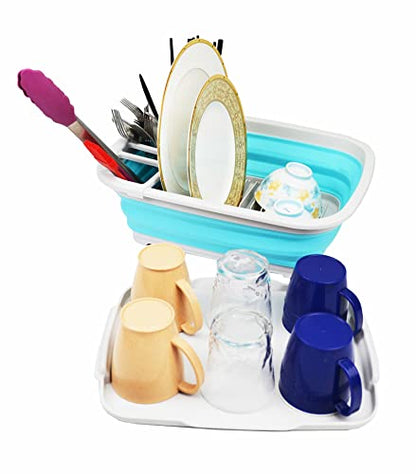 SAMMART 8L Collapsible Dish Drainer with Drainer Board - Foldable Drying Rack Set - Portable Dinnerware Organizer - Space Saving Kitchen Storage Tray