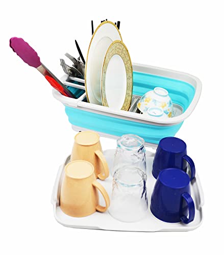 SAMMART 8L Collapsible Dish Drainer with Drainer Board - Foldable Drying Rack Set - Portable Dinnerware Organizer - Space Saving Kitchen Storage Tray