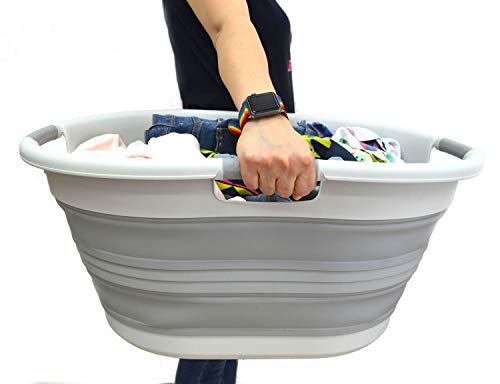 SAMMART 57L Collapsible 3-Handled Plastic Laundry Basket - Oval Tub/Basket - Foldable Storage Container/Organizer - Portable Washing Tub - Space Saving Laundry Hamper