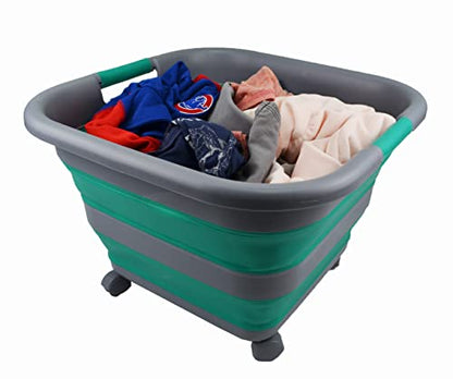 SAMMART 39L Collapsible Plastic Laundry Basket with Wheels - Foldable Pop Up Storage Container/Organizer with wheels - Portable Washing Tub - Space Saving Storage Box/Basket with wheels