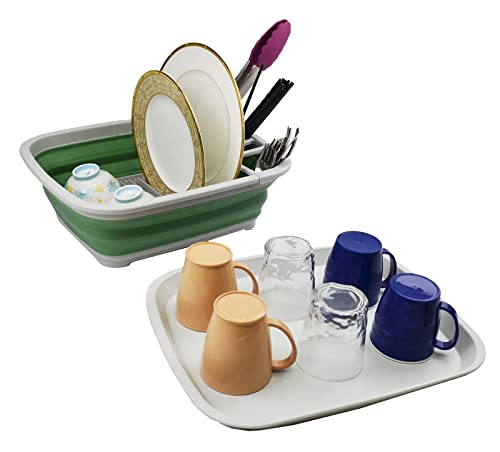 SAMMART 8L Collapsible Plastic Dish Drainer with Drainer Board - Foldable Drying Rack Set - Portable Dinnerware Organizer - Space Saving Kitchen Storage Tray
