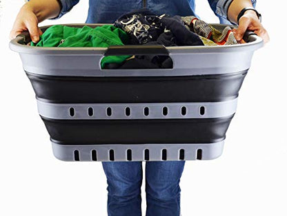 SAMMART 30L Collapsible 3 Handled Plastic Laundry Basket - Foldable Pop Up Storage Container/Organizer - Portable Washing Tub - Space Saving Hamper/Basket