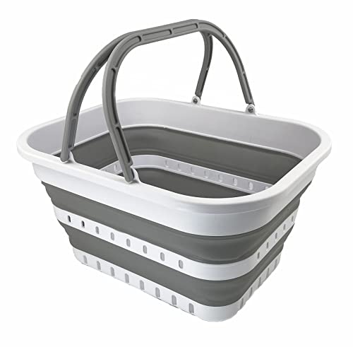 SAMMART Collapsible Shopping Basket (19L Collapsible Shopping Basket (White/Grey))