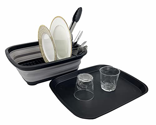 SAMMART 8L Collapsible Dish Drainer with Drainer Board - Foldable Drying Rack Set - Portable Dinnerware Organizer - Space Saving Kitchen Storage Tray