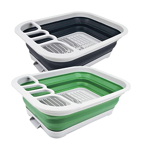 SAMMART Collapsible Plastic Dish Drainer with Drainer Board-Foldable Drying Rack Set-Portable Dinnerware Organizer-Space Saving Kitchen Storage Tray (Slate Grey + Dark Sea Green (Set of 2))