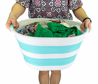SAMMART 23L Collapsible Plastic Laundry Basket - Oval Tub/Basket - Foldable Storage Container - Portable Washing Tub - Space Saving Laundry Hamper (White/Sage Green)