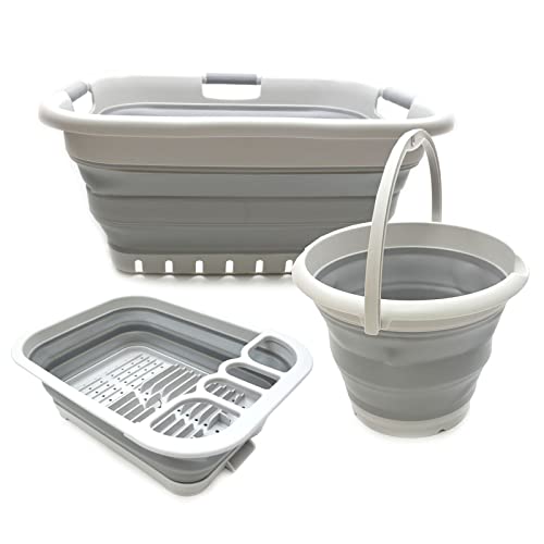 SAMMART COMBO - 004 Collapsible Laundry Basket & Dish Drainer & Bucket - Perfect Outdoor & Picnic - Space Saving Storage Container