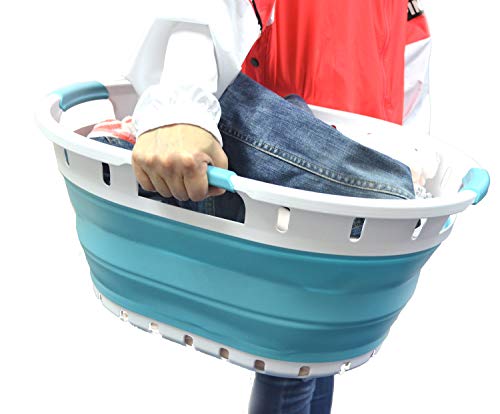 SAMMART 36L Collapsible 3 handled Plastic Laundry Basket - Oval Tub/Basket - Foldable Storage Container/Organizer - Portable Washing Tub - Space Saving Laundry Hamper