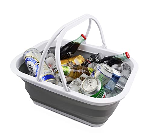 SAMMART Collapsible Basket with Handle (15L Collapsible Basket with Handle (White/Grey))