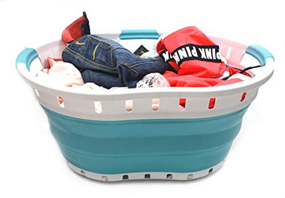 SAMMART 36L Collapsible 3 handled Plastic Laundry Basket - Oval Tub/Basket - Foldable Storage Container/Organizer - Portable Washing Tub - Space Saving Laundry Hamper