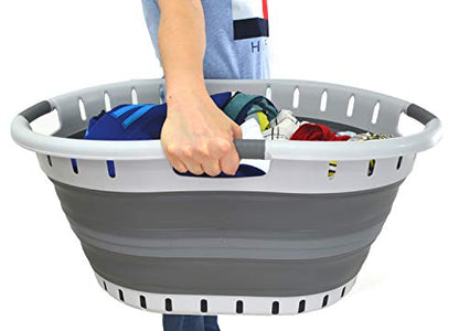 SAMMART 57L Collapsible 3-Handled Plastic Laundry Basket - Oval Tub/Basket - Foldable Storage Container/Organizer - Portable Washing Tub - Space Saving Laundry Hamper