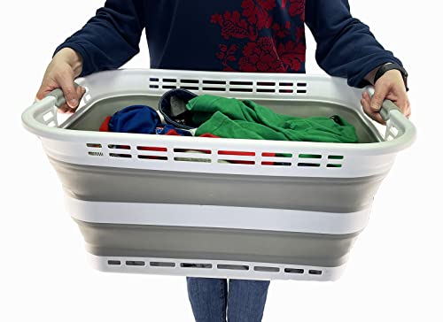 SAMMART Collapsible Laundry Basket (42L Collapsible Laundry Basket with Holes (White/Grey))